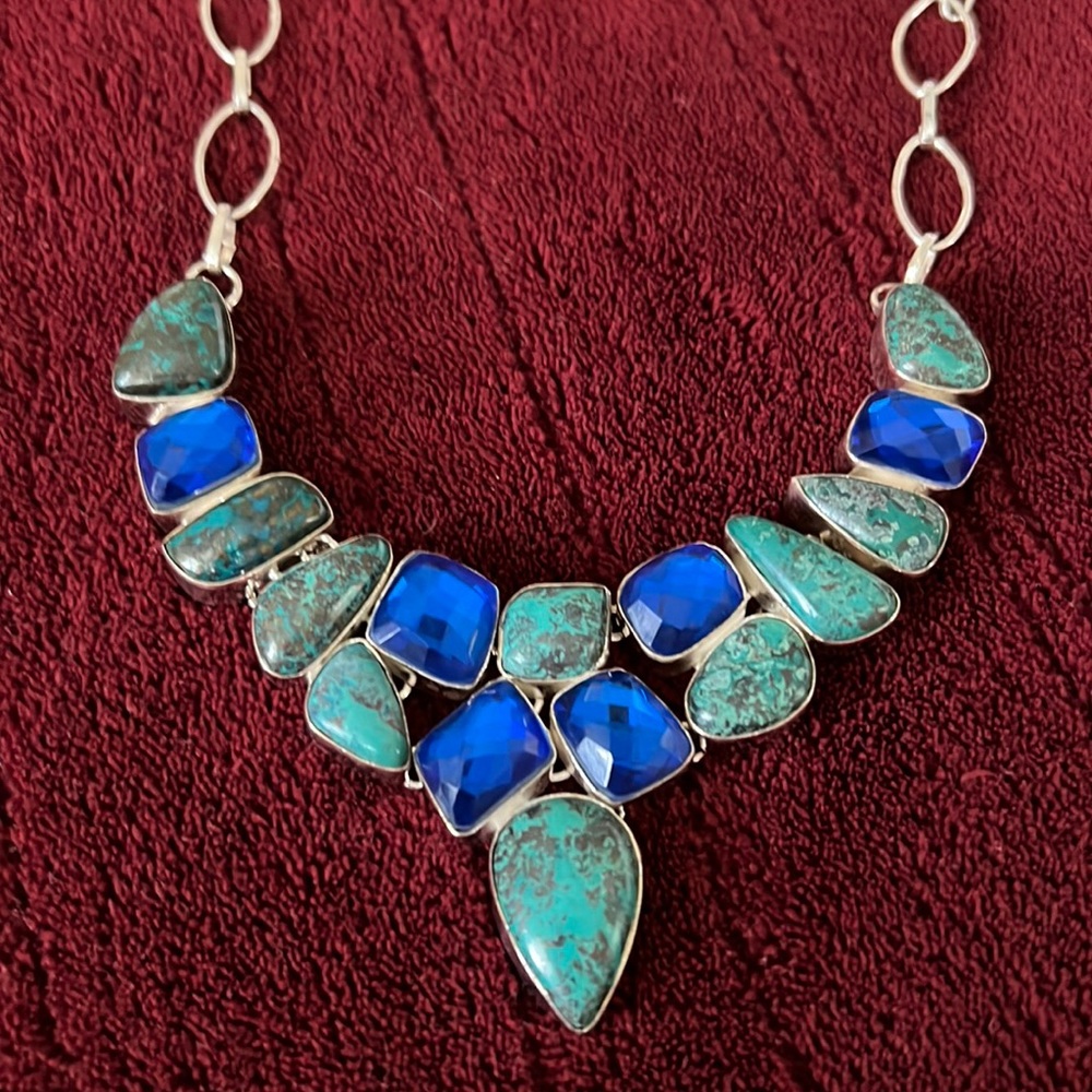 Sterling silver hand made turquoise gemstone bib necklace - Picture 1 of 4